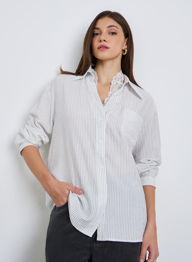 Styli Women White Pinstripe Oversized Shirt with Lace Trim - Image 3